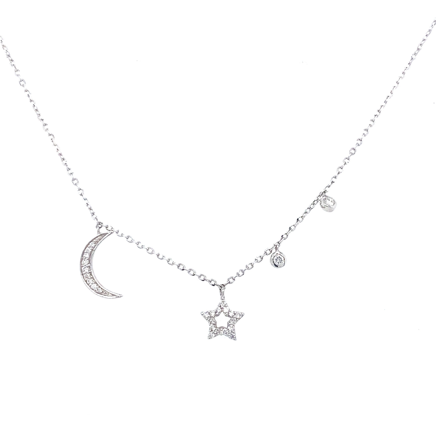 14K White Gold Diamond Star and Moon Necklace