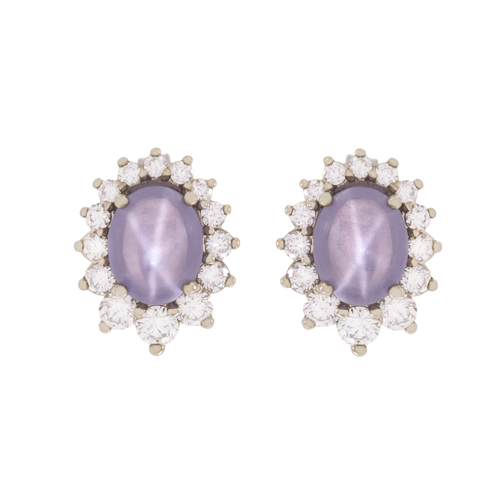 Purple Star Sapphire Diamond Halo Earrings