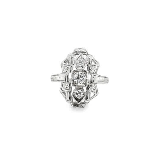 14KW Art Deco Elongated Old Euro Cut Diamond Ring