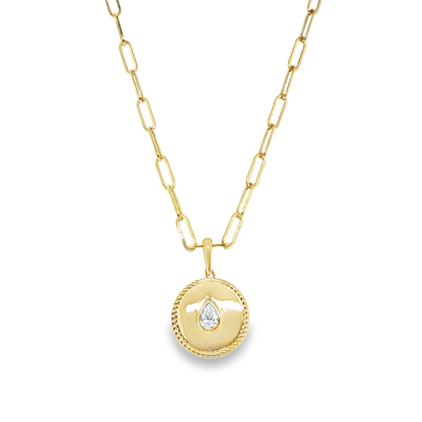 14KY Disc Charm Bezel Set Pear Shaped Diamond