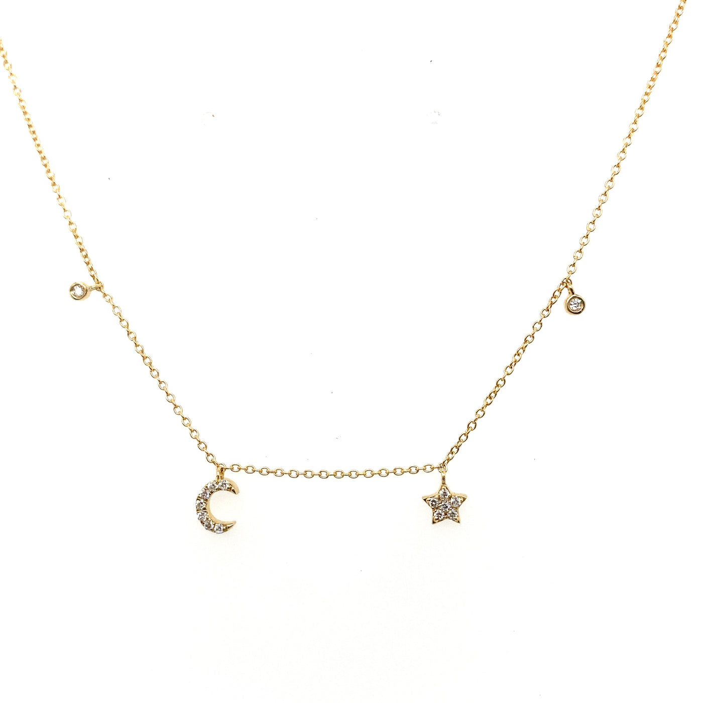 14K Yellow Gold Diamond Star and Moon Necklace