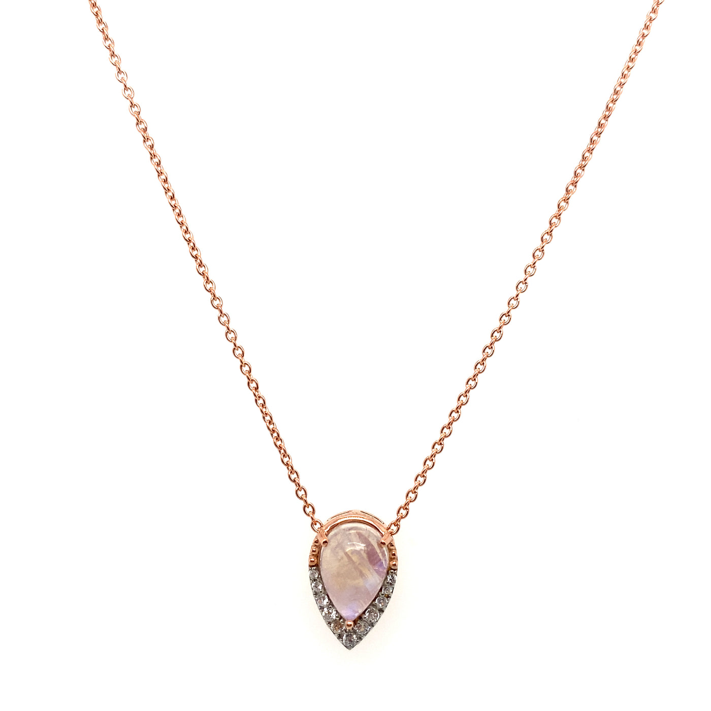 Rainbow Moonstone & White Zircon Pear Shape Necklace