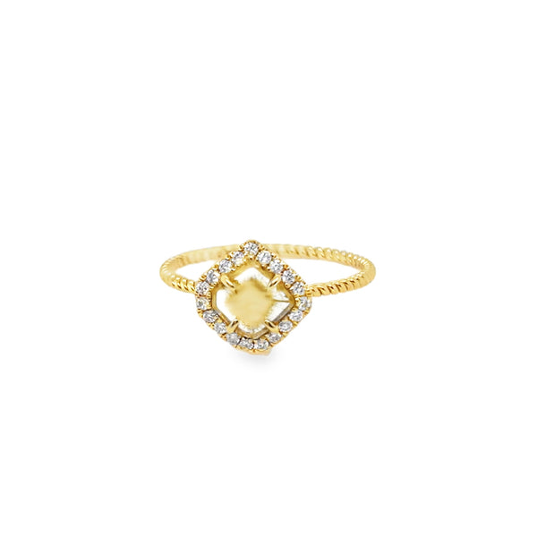 18KY Twisted Band Yellow Diamond Halo Ring