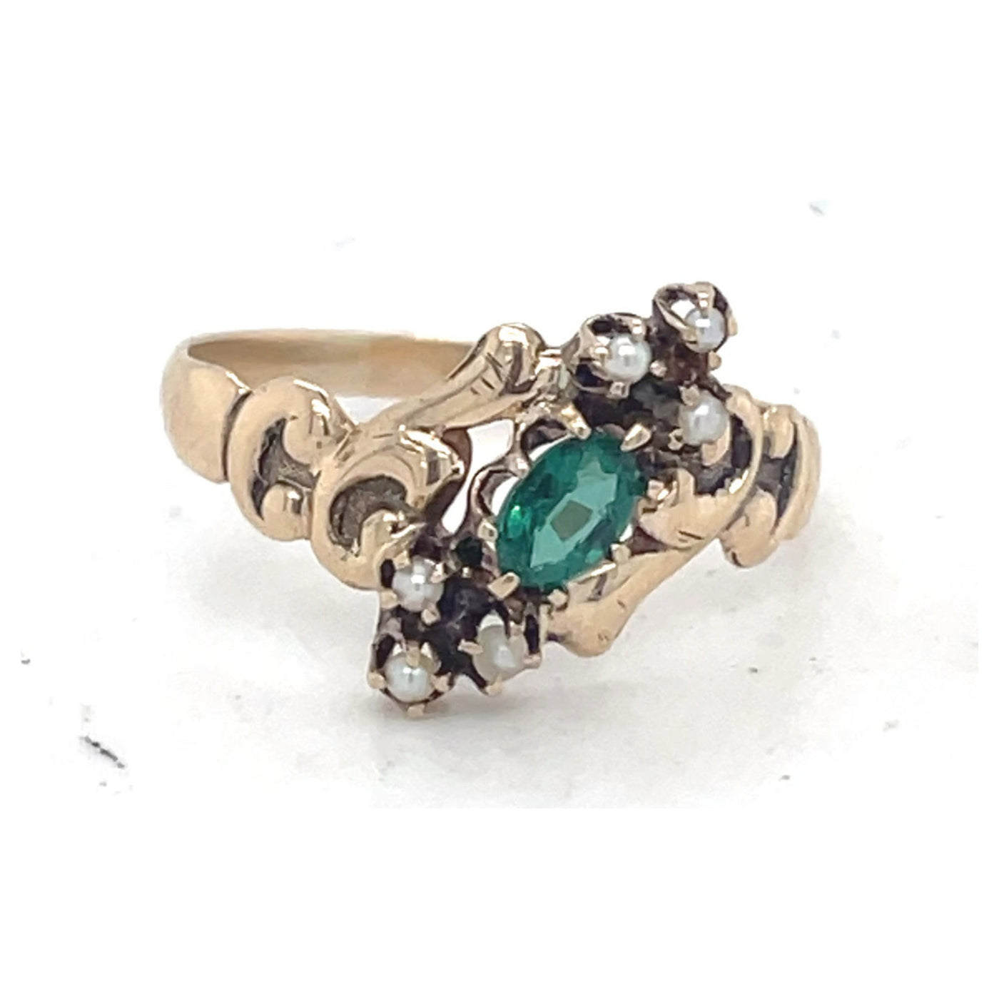 Vintage 14K Yellow Gold Antique Emerald Doublet & Seed Pearl Ring