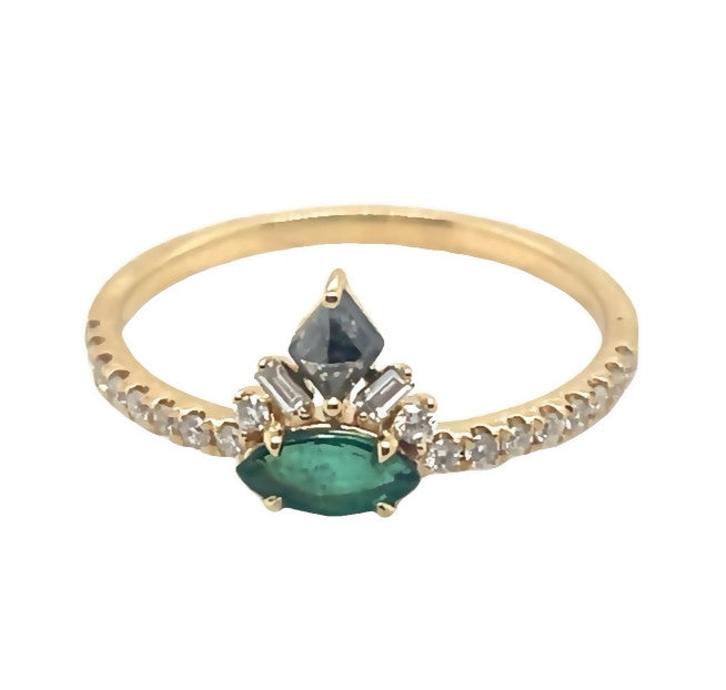 18K Yellow Gold Salt and Pepper Diamond and Emerald "Swan" Ring