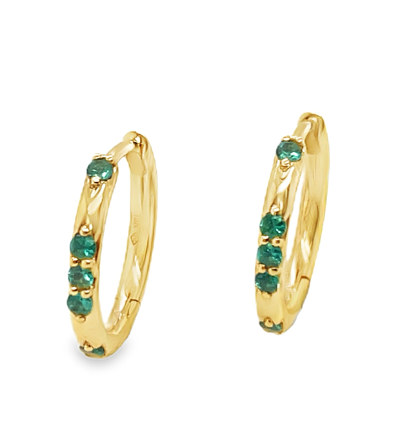 18K Yellow Gold Emerald Scattered Huggie Hoop Earrings