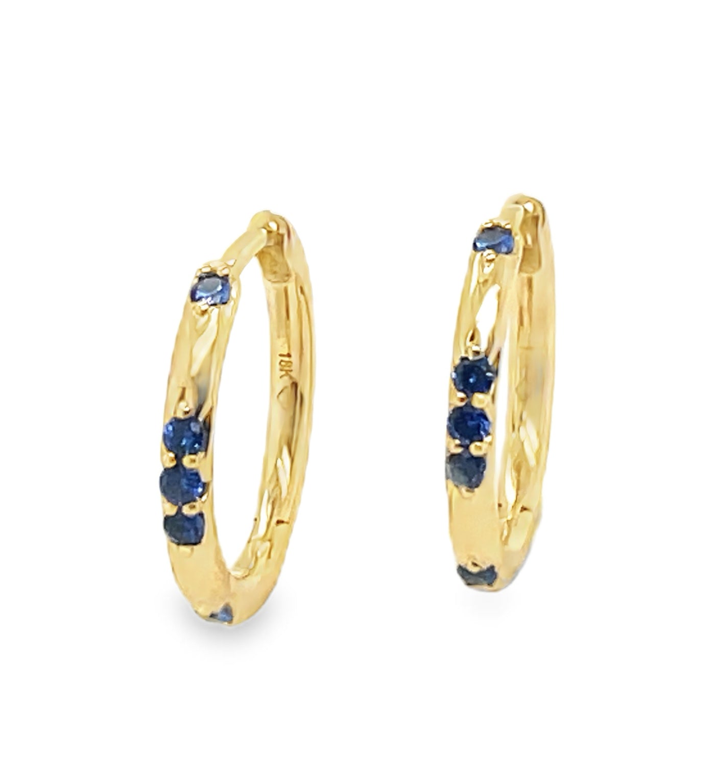 18K Yellow Gold Blue Sapphire Scattered Huggie Hoop Earring