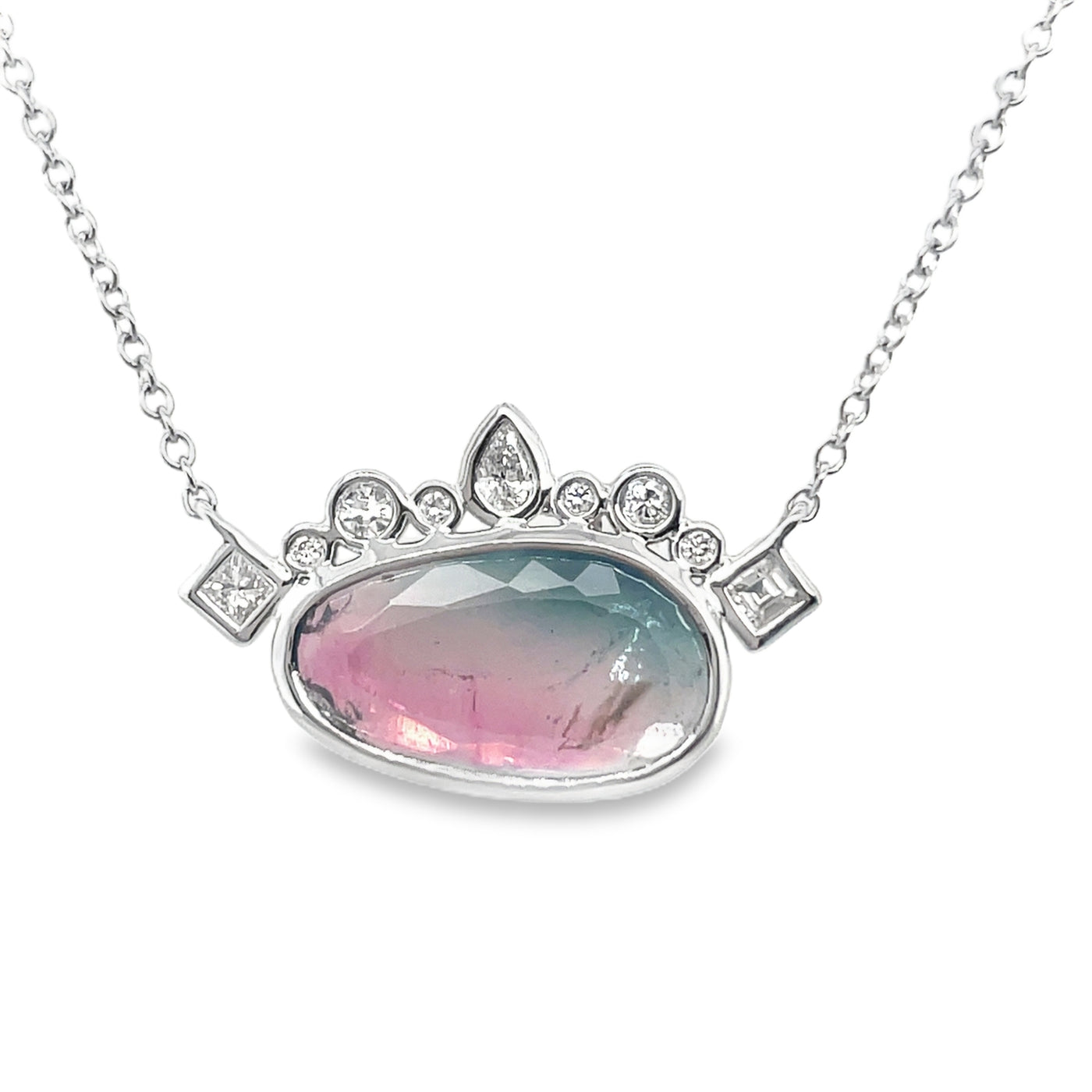 18K White Gold 2.04ct Watermelon Tourmaline and Diamond "Uncommon Halo" Necklace