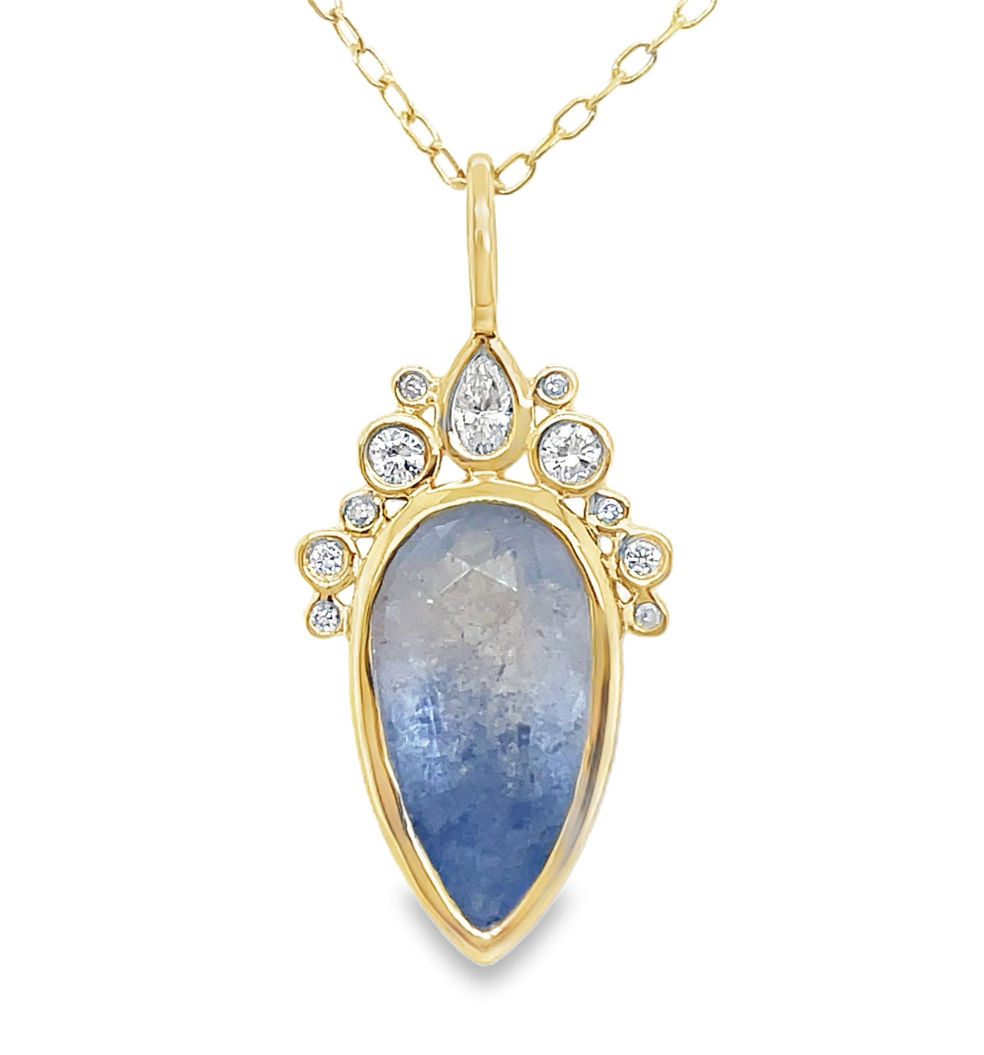 18K Yellow Gold 2.14ct Dumortierite Quartz & Diamond "Uncommon Halo" Pendant