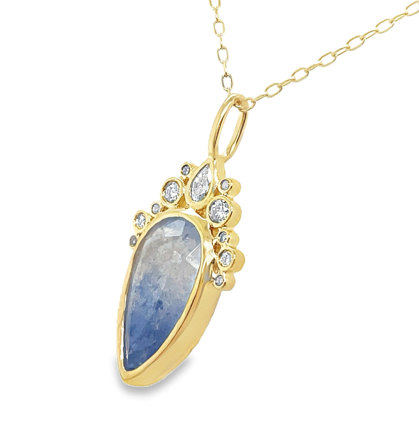 18K Yellow Gold 2.14ct Dumortierite Quartz & Diamond "Uncommon Halo" Pendant