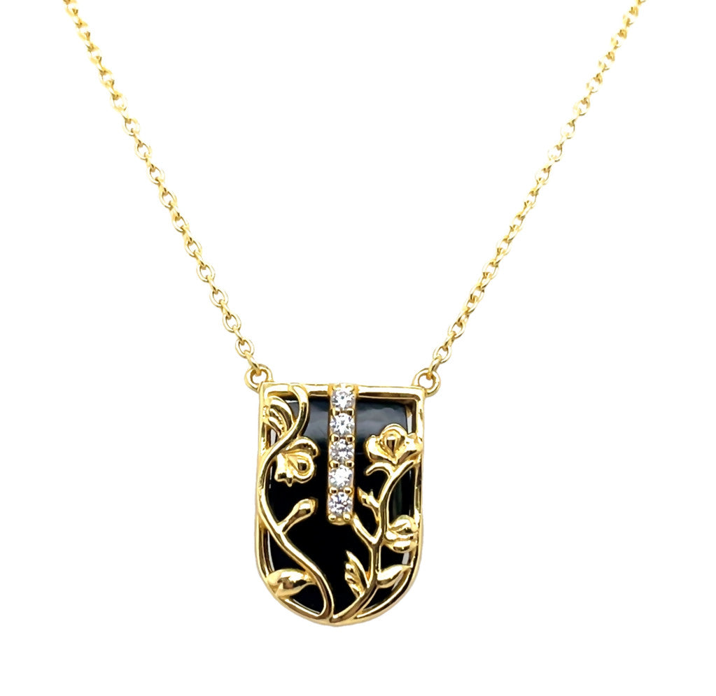 Gold Plated Sterling Silver Black Onyx Floral Necklace