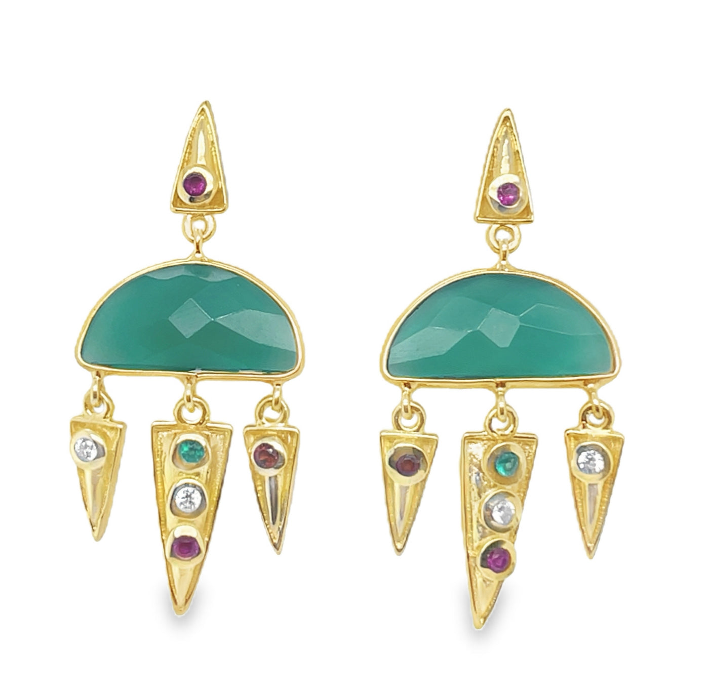 Gold Plated Sterling Silver Green Onyx Fringe Earring