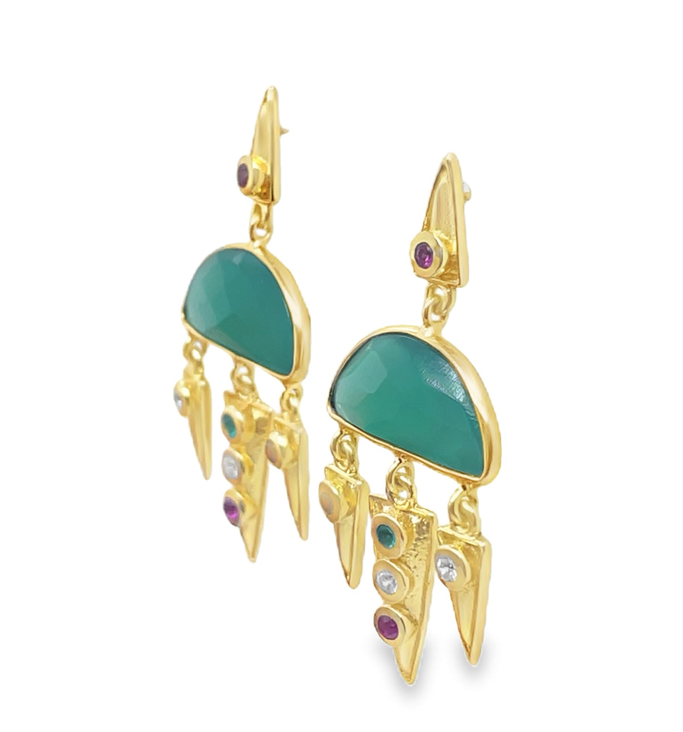 Gold Plated Sterling Silver Green Onyx Fringe Earring