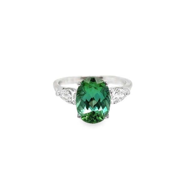 18KW Oval Green Tourmaline and Diamond Ring
