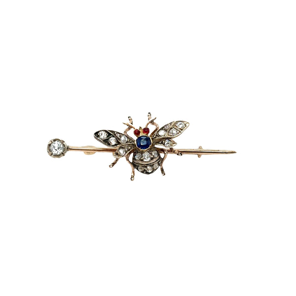 18KY/ 925 Antique 19th Century Sapphire Bee Brooch