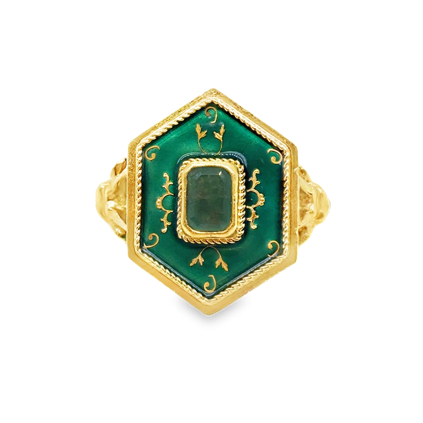 Victorian 18KY Sarcophagus Emerald & Green Enamel Ring