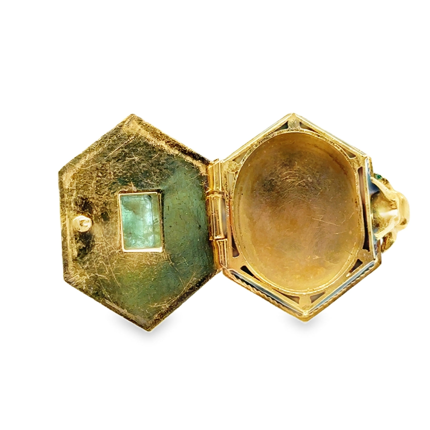 Victorian 18KY Sarcophagus Emerald & Green Enamel Ring