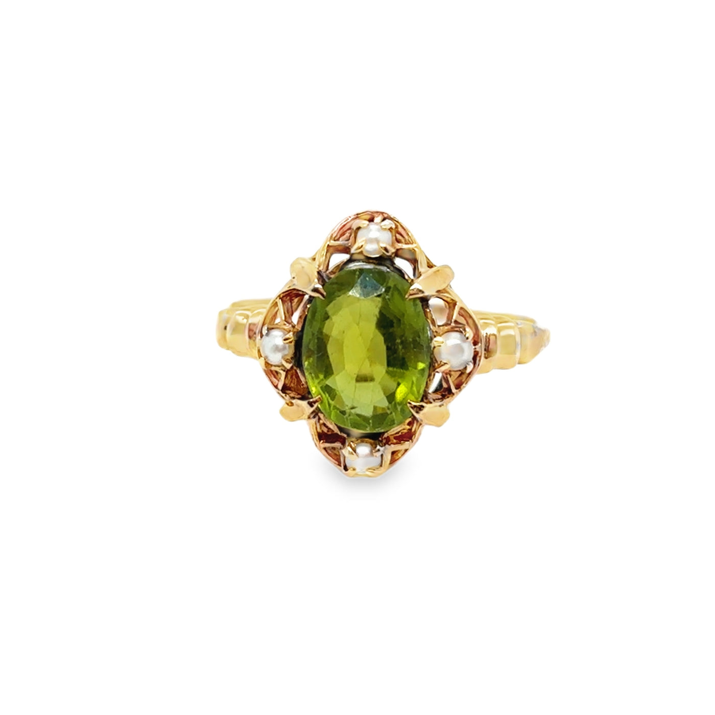 10KY Victorian Peridot Seed Pearl Ring