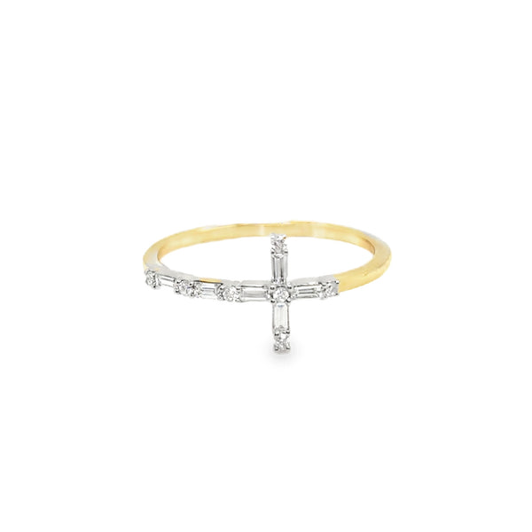 14KY Baguette and Round Diamond Cross Ring