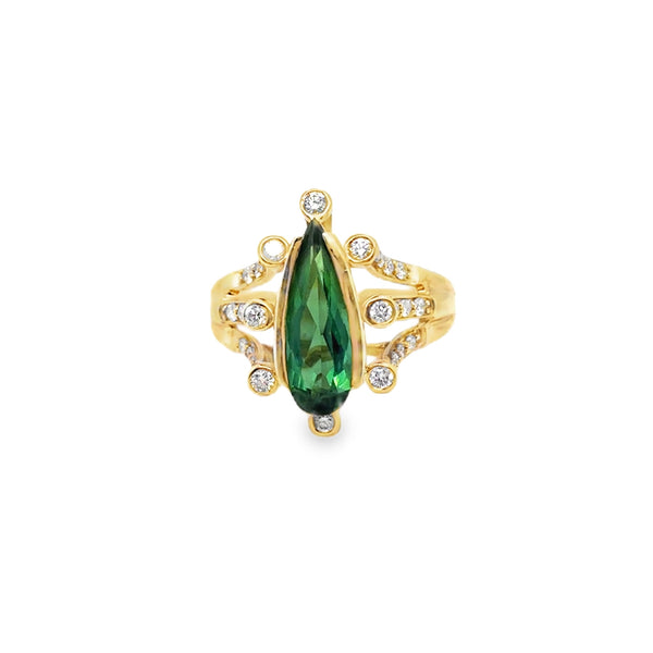14KY Greenish-Blue Tourmaline Diamond Ring