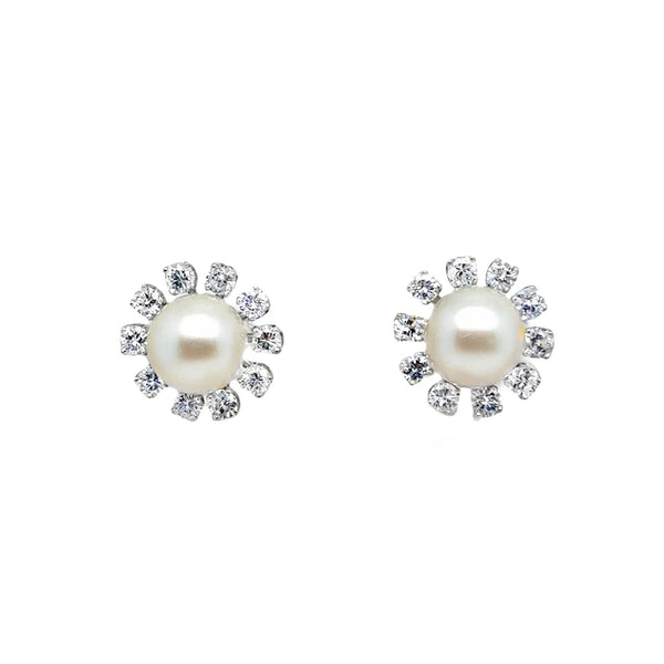 14KW 60's Pearl and Diamond Stud Earrings