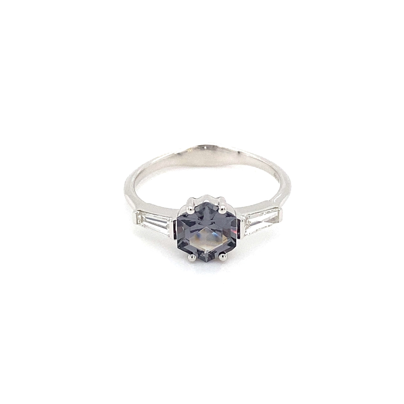 AGL Hexagon Greyish Purple Spinel & Diamond Baguette Ring