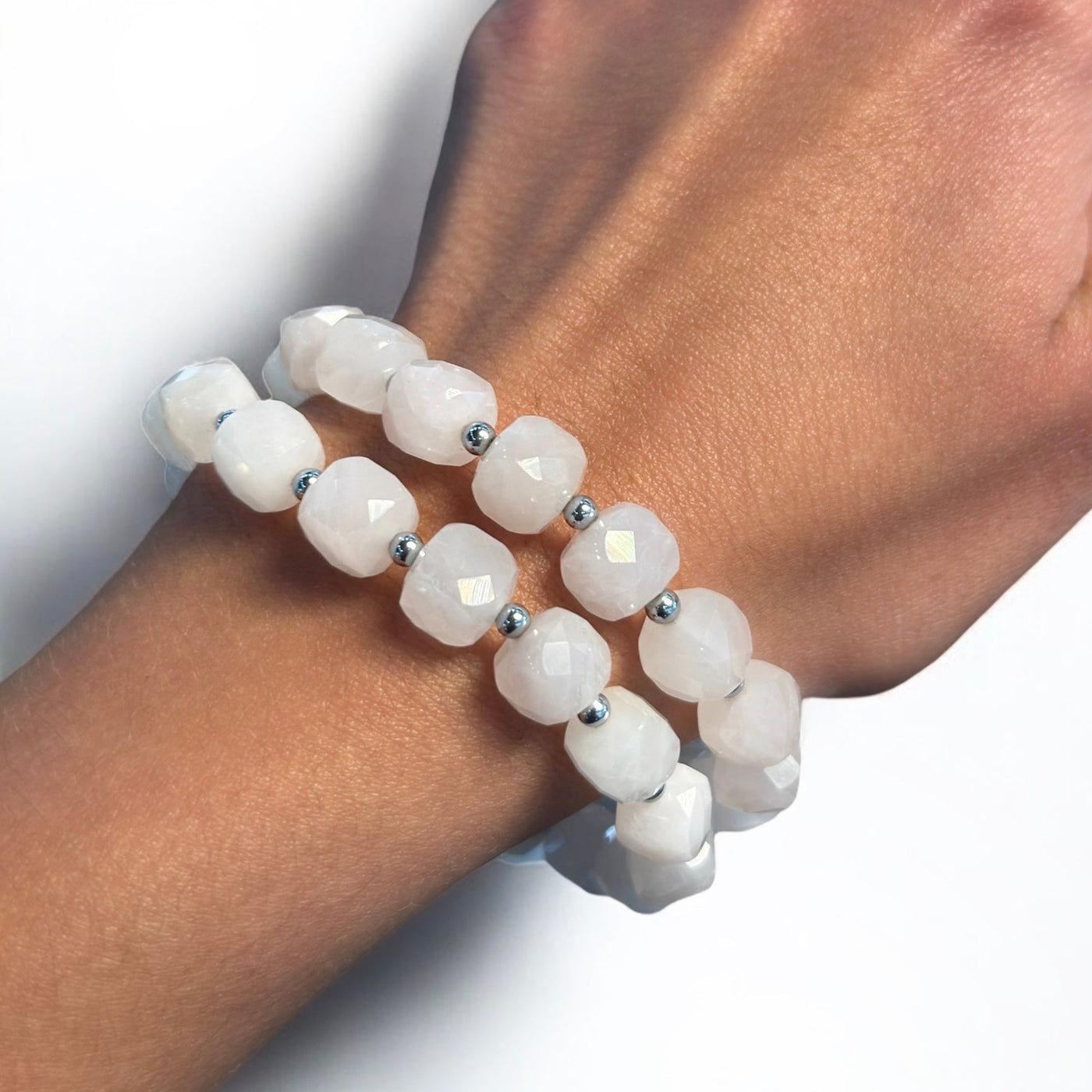 8x8mm Cubed Beaded Rose Quartz & 3mm Hematite Stretch Bracelet