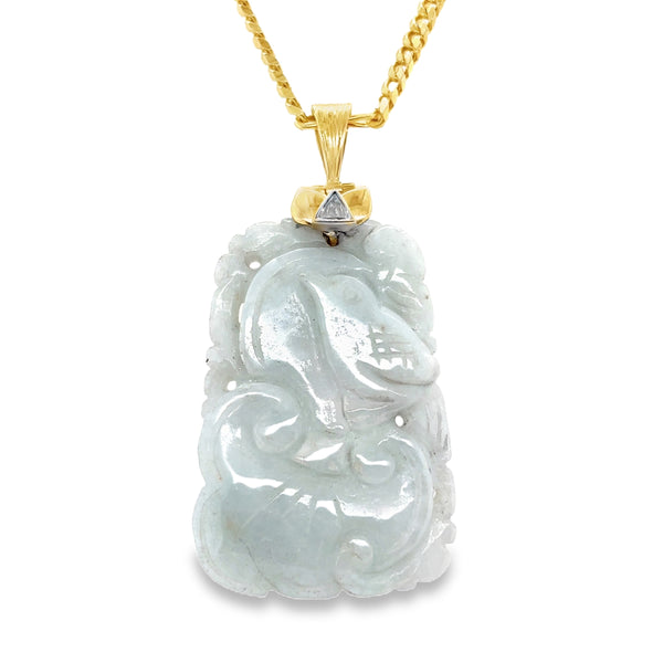 14K Yellow Carved Jade & Diamond Pendant