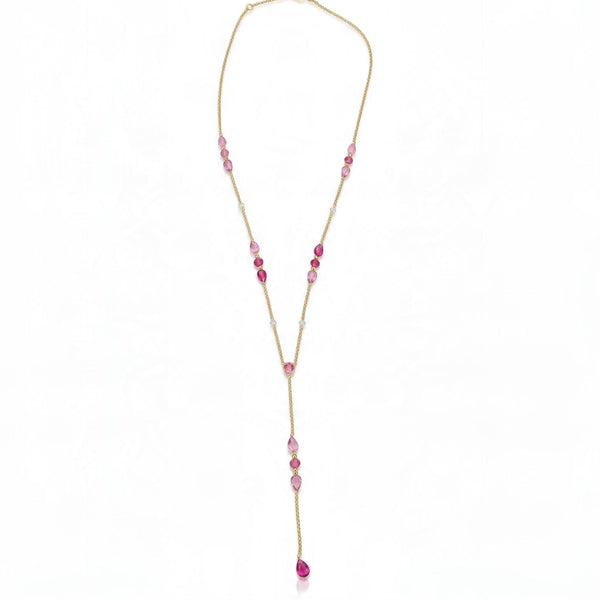 18KY Pink Sapphire & Diamond Briolette Lariat Necklace