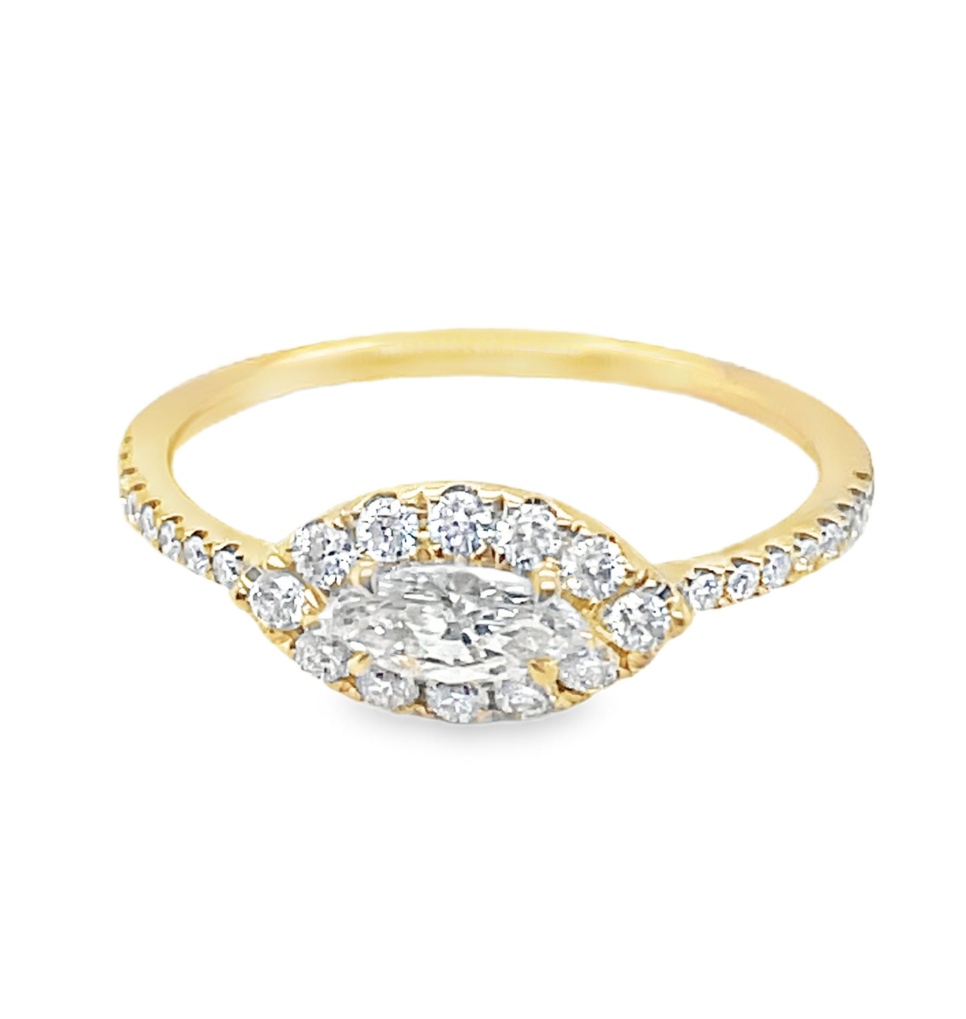 18K Yellow Gold East West Marquise Diamond Halo Ring