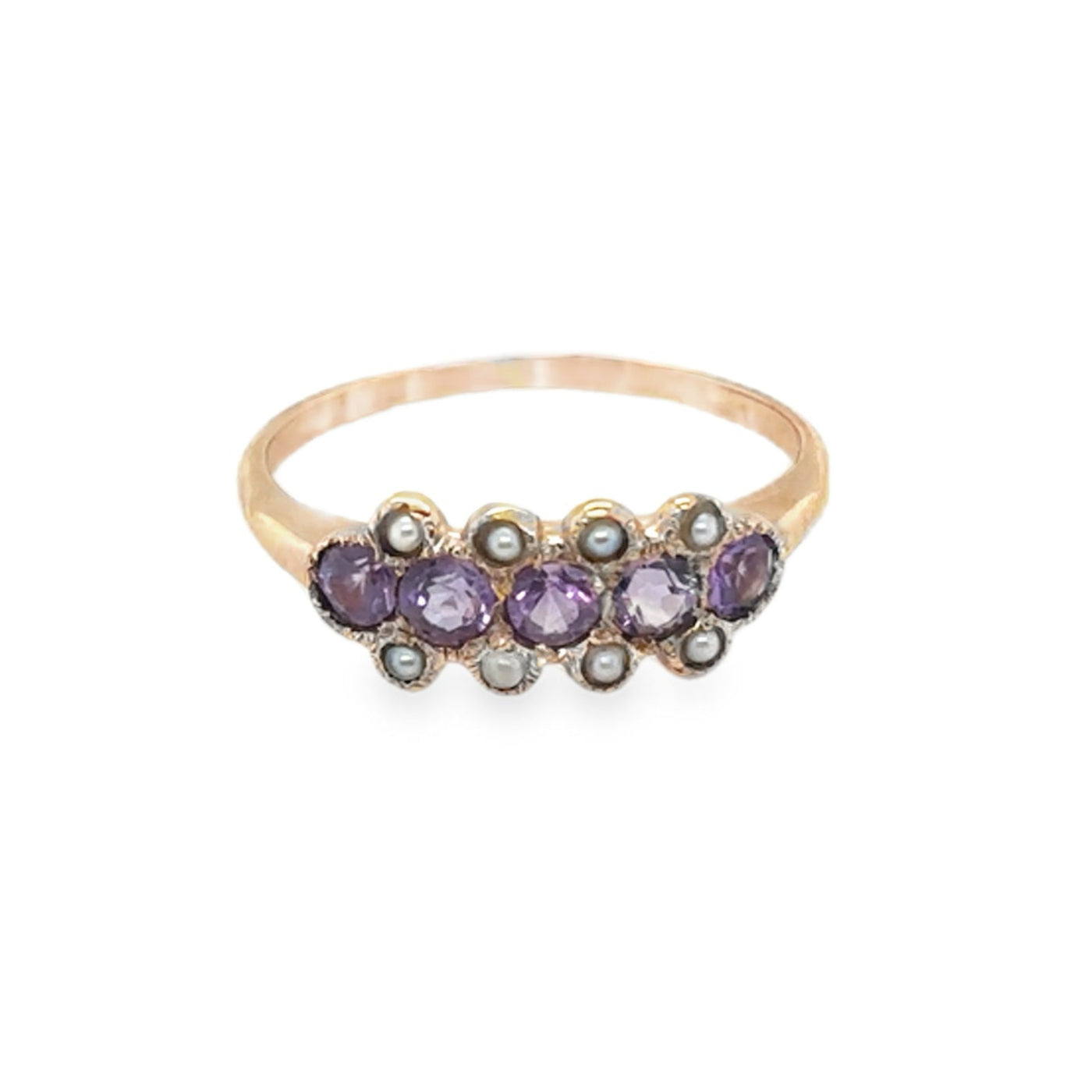 10KR Victorian Purple Sapphire & Pearl Ring 5 Stone