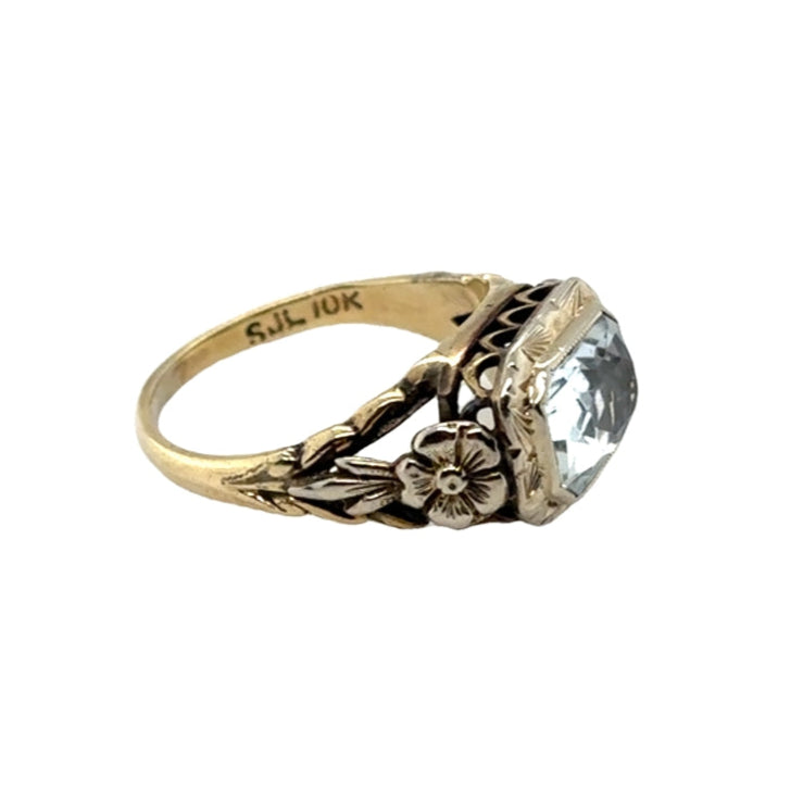 10KY Vintage Aquamarine Floral Signet Ring