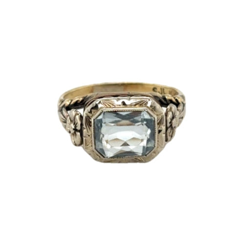 10KY Vintage Aquamarine Floral Signet Ring