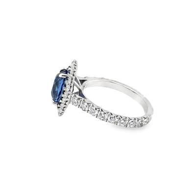 RS 18KW Oval Unheated Ceylon Sapphire and Diamond Ring