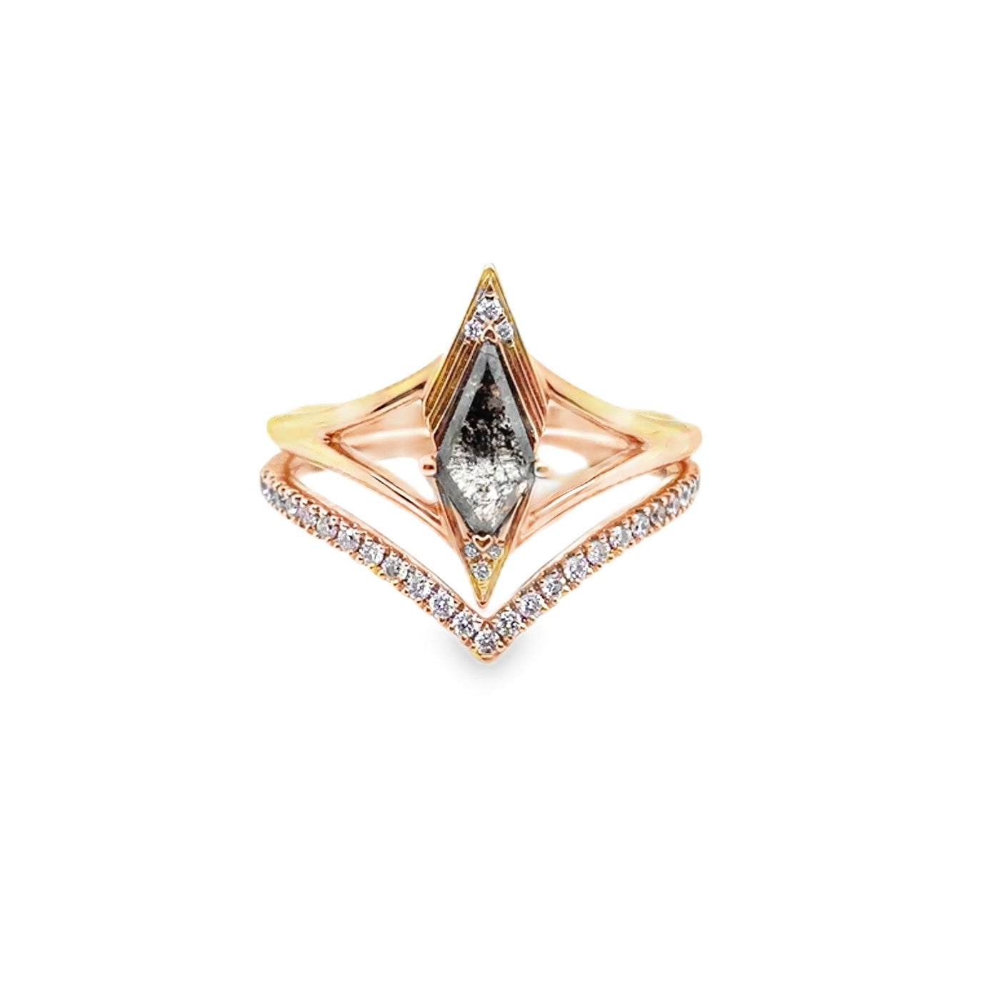 Rose gold ring with a central diamond on a white background