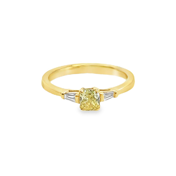 18KY Cushion Cut Fancy Yellow Diamond & Tapered Baguette Diamond Ring