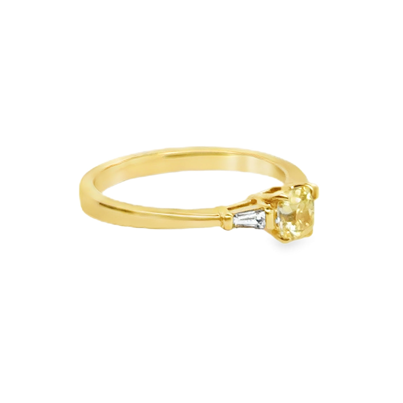 18KY Cushion Cut Fancy Yellow Diamond & Tapered Baguette Diamond Ring