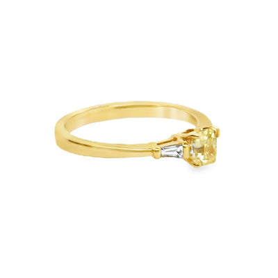 18KY Cushion Cut Fancy Yellow Diamond & Tapered Baguette Diamond Ring