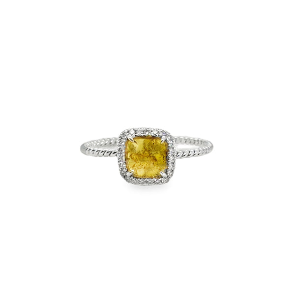 18KW Yellow Diamond Halo Ring Twisted Band