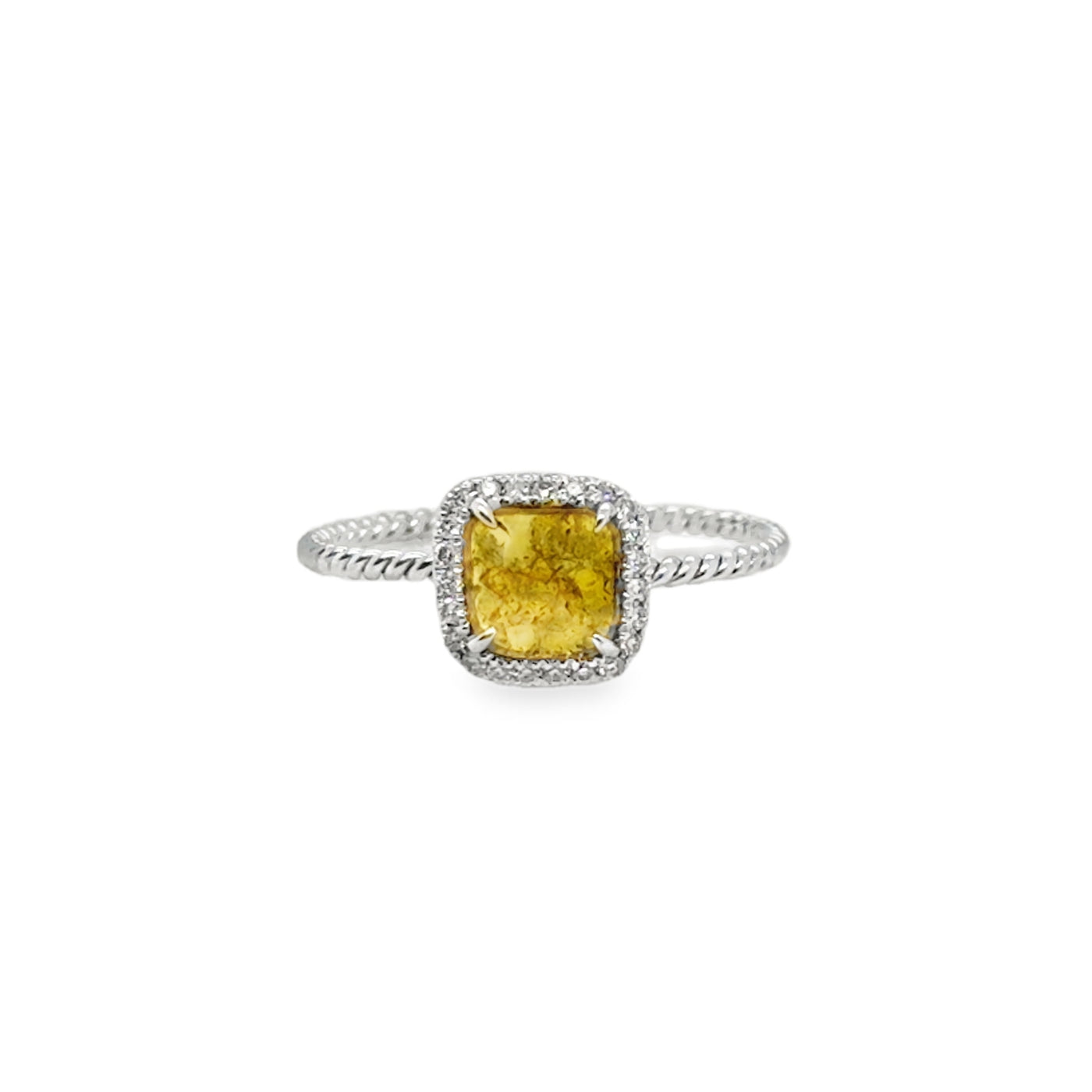 18KW Yellow Diamond Halo Ring Twisted Band