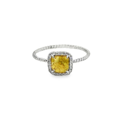 18KW Yellow Diamond Halo Ring Twisted Band