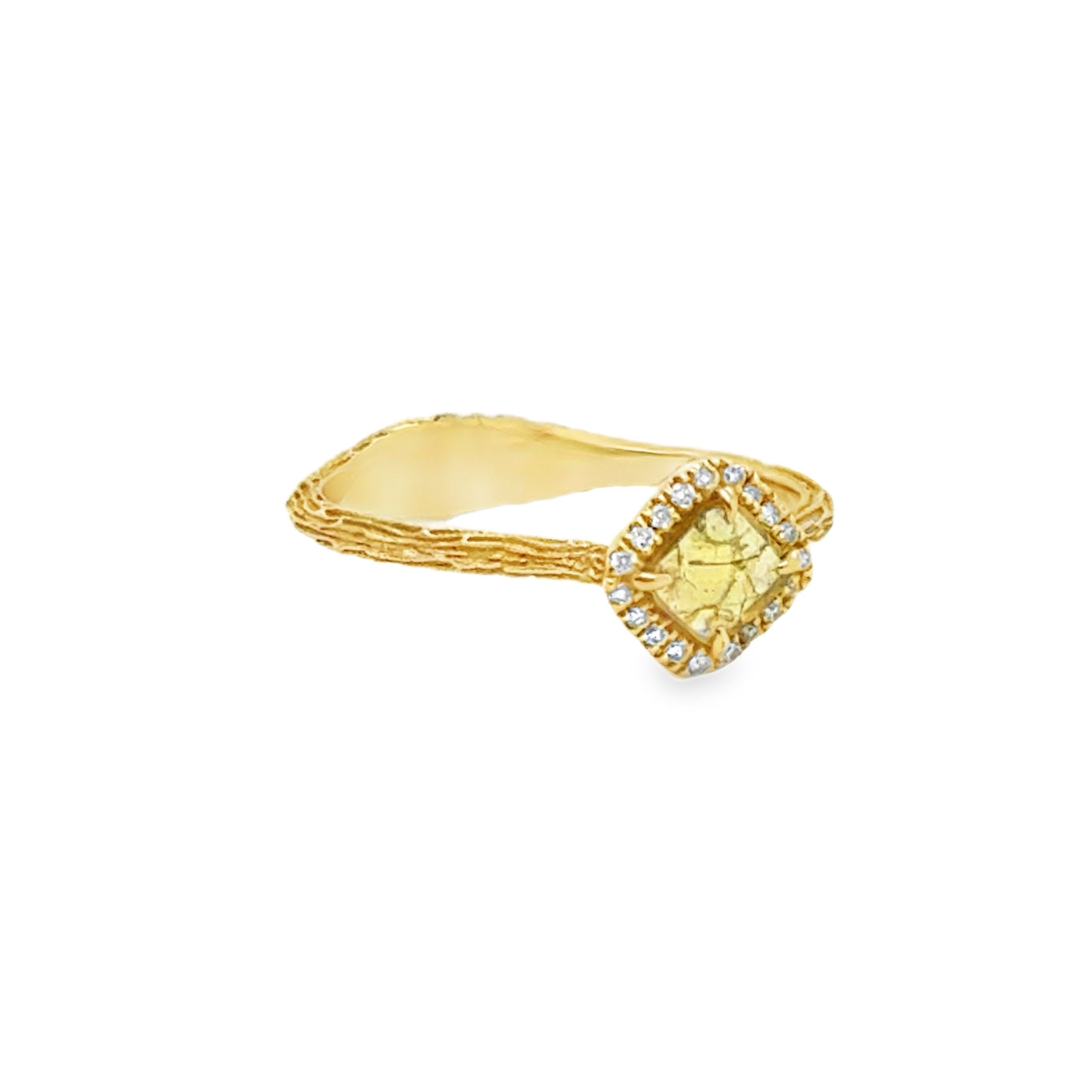18KY Yellow Diamond Halo Twig Finish Ring
