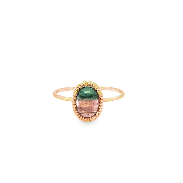 18KR Oval  Watermelon Tourmaline Milgrain Bezel Set Ring