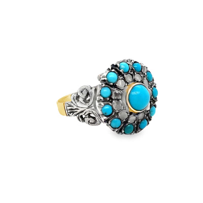Georgian 18KY/925 Persian Turquoise and Rose Cut Diamond Poison Ring