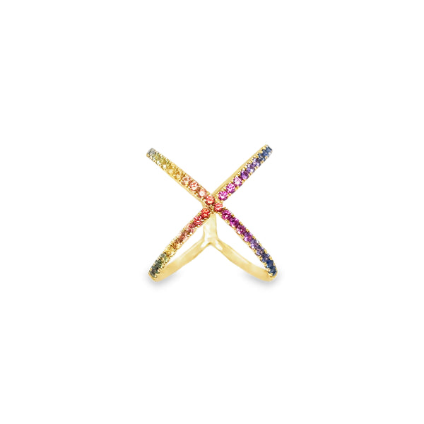 18KY Multicolor Sapphire Crisscross Ring