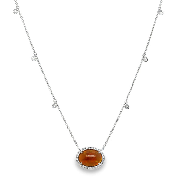 18KW Oval Opal Diamond Halo Necklace