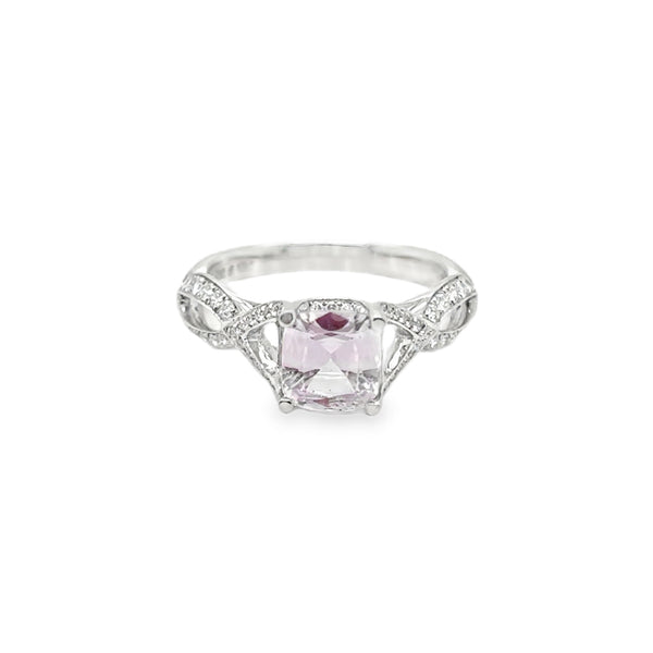 14KW AGL Cushion Cut Peach Sapphire & Twist Band Ring