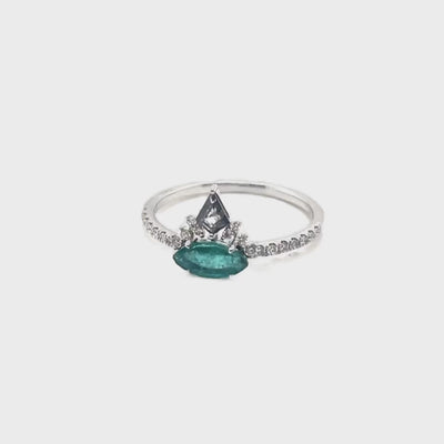 18K White Gold Salt and Pepper and Emerald "Swan" Ring