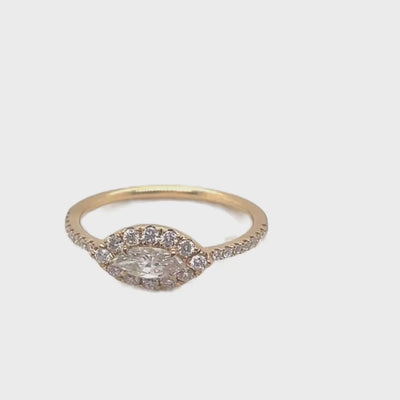 18K Yellow Gold East West Marquise Diamond Halo Ring