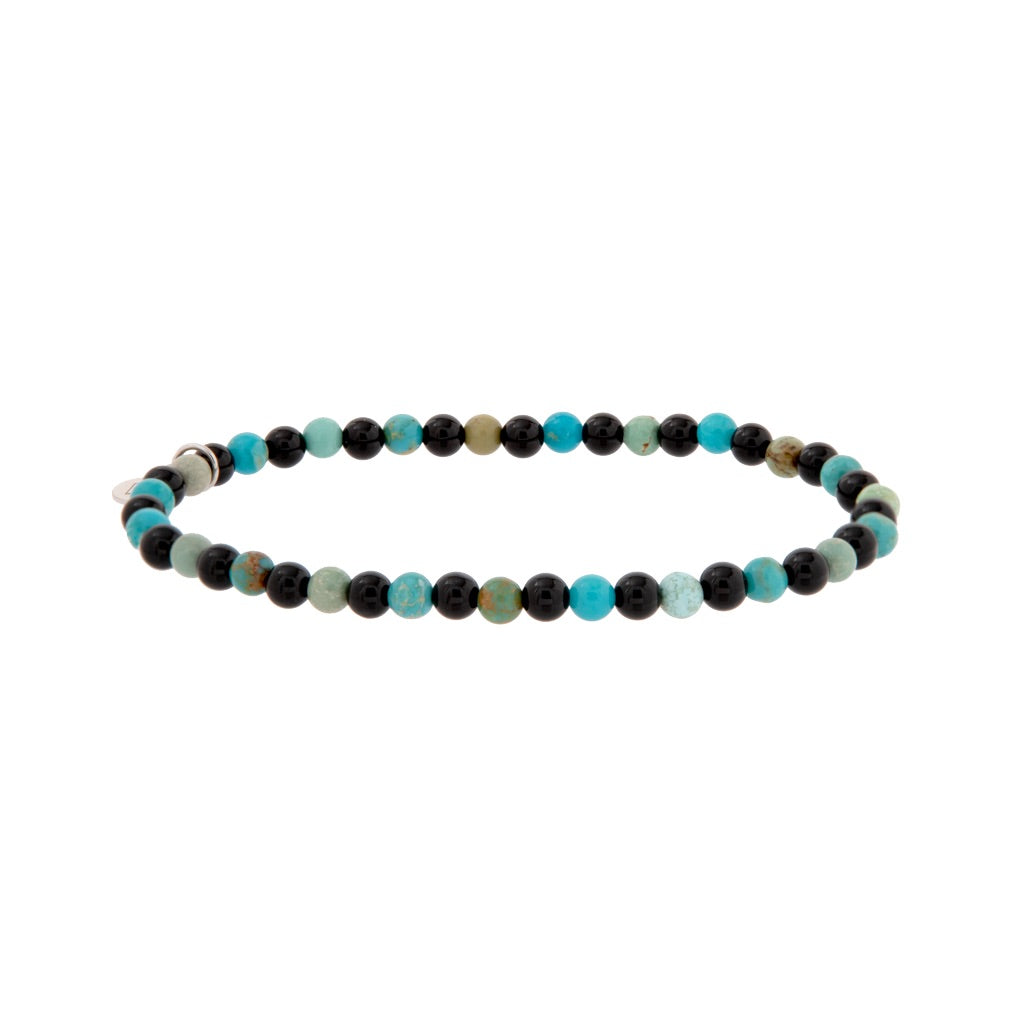 Beaded Turquoise and Black Agate Alternating Stretch Bracelet